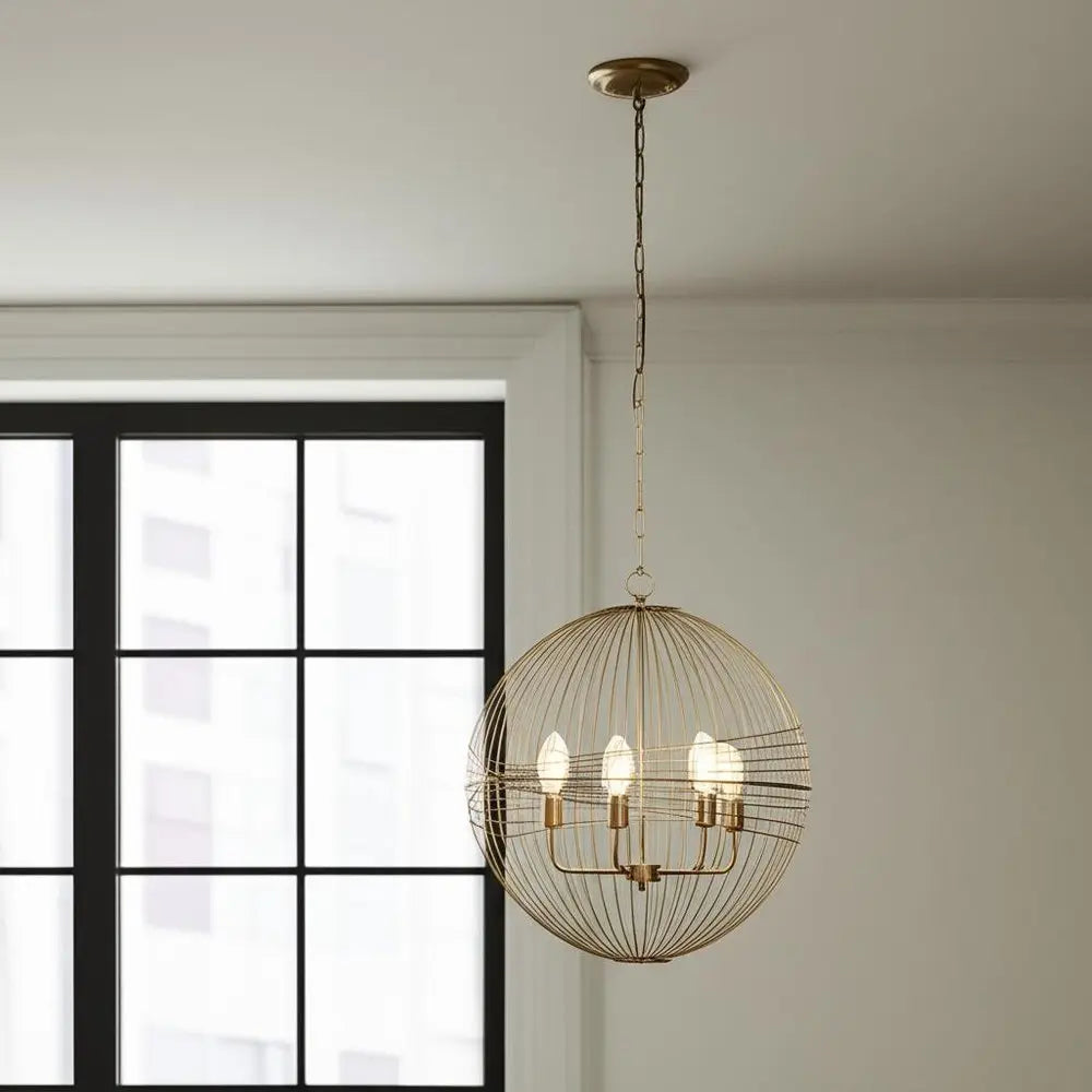 Gold Caged Six Light Metal and Glass Dimmable Chandelier With Gold Shades HomeRoots