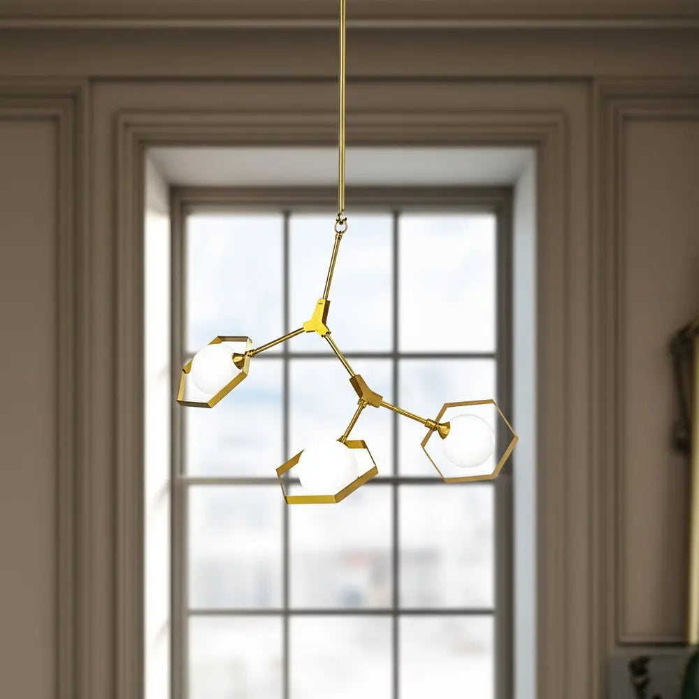 Brass Unique Statement Three Light Metal and Glass Dimmable Chandelier With White Shades HomeRoots