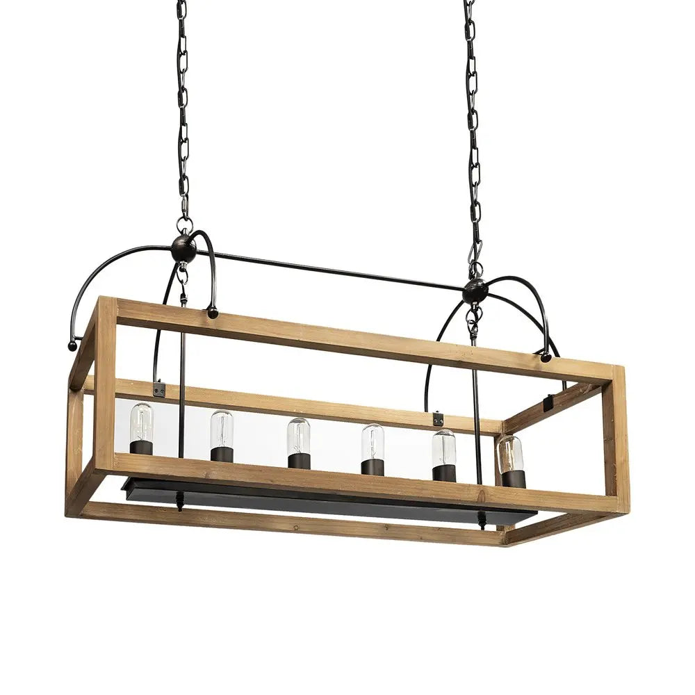 Natural And Black Candle Style Six Light Wood and Metal Dimmable Chandelier HomeRoots