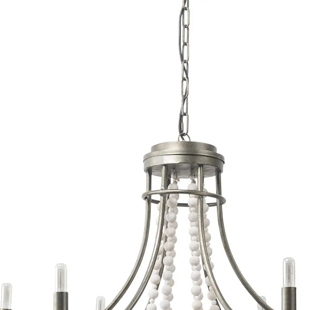 White And Silver Candle Style Six Light Metal and Beads Dimmable Chandelier HomeRoots