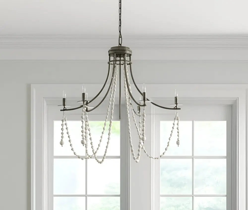 White And Silver Candle Style Six Light Metal and Beads Dimmable Chandelier HomeRoots