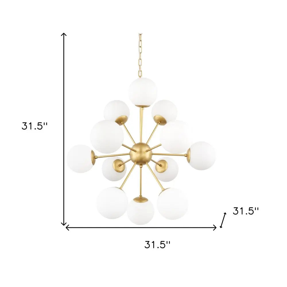 Gold Sputnik Eleven Light Frosted Metal and Glass Dimmable Chandelier With White Shades HomeRoots
