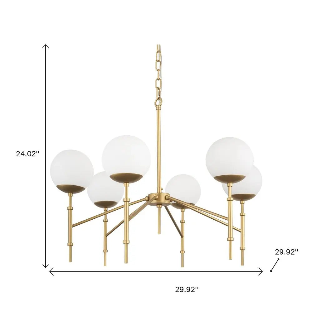 Gold Sputnik Six Light Frosted Metal and Glass Dimmable Chandelier With White Shades HomeRoots