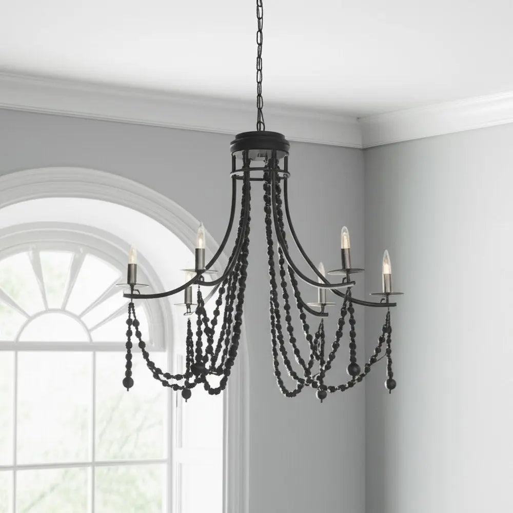 Black Candle Style Six Light Metal and Beads Dimmable Chandelier HomeRoots