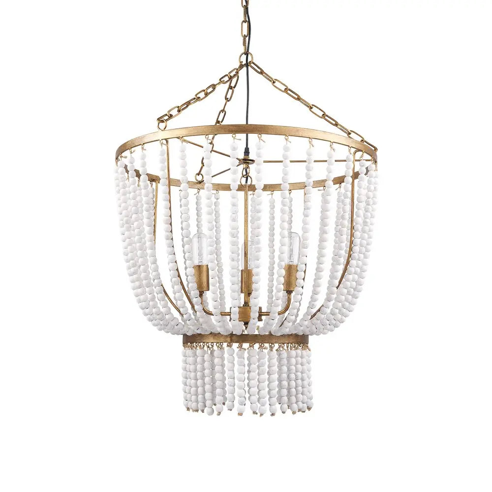 Gold And White Empire Three Light Metal and Beads Dimmable Chandelier HomeRoots