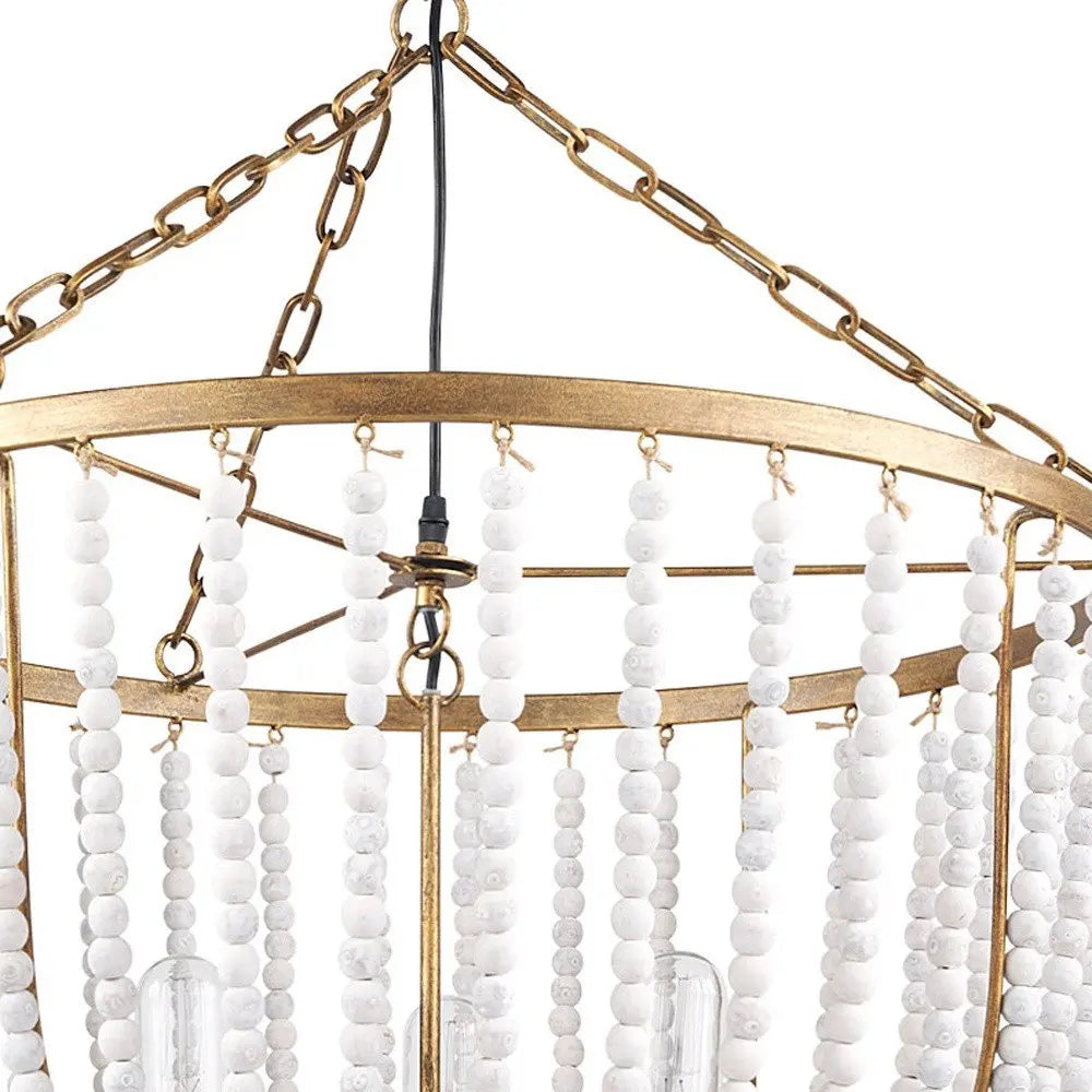 Gold And White Empire Three Light Metal and Beads Dimmable Chandelier HomeRoots