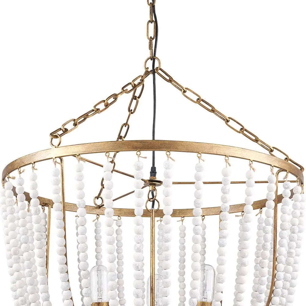Gold And White Empire Three Light Metal and Beads Dimmable Chandelier HomeRoots