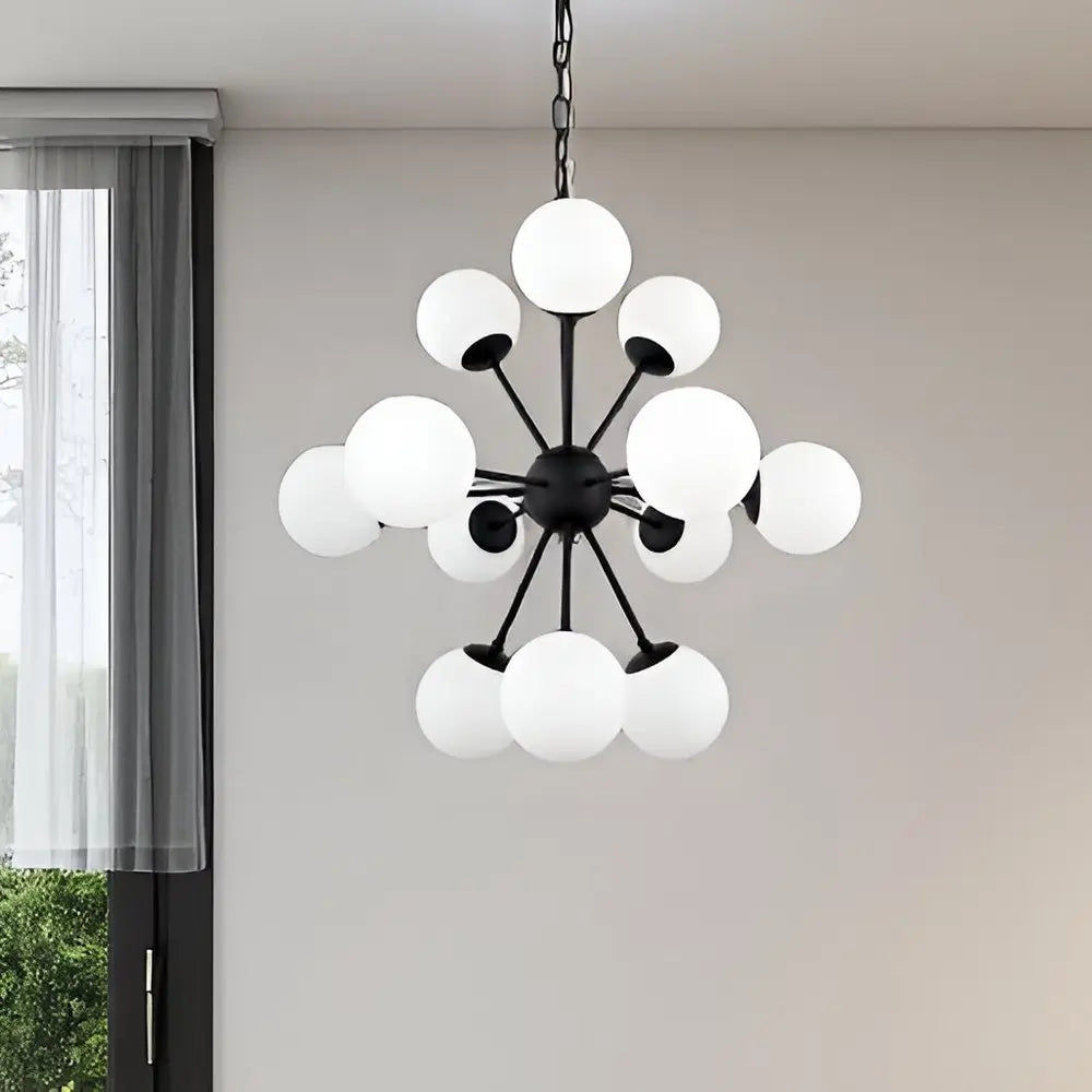 Black Sputnik Multi Light Frosted Metal and Glass Dimmable Chandelier With White Shades HomeRoots