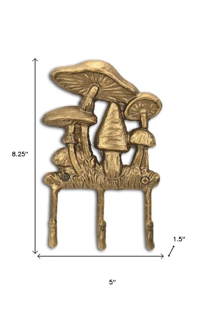 5" Antiqued Gold Cast Iron Mushroom Three Hook Wall Mount Coat Rack HomeRoots