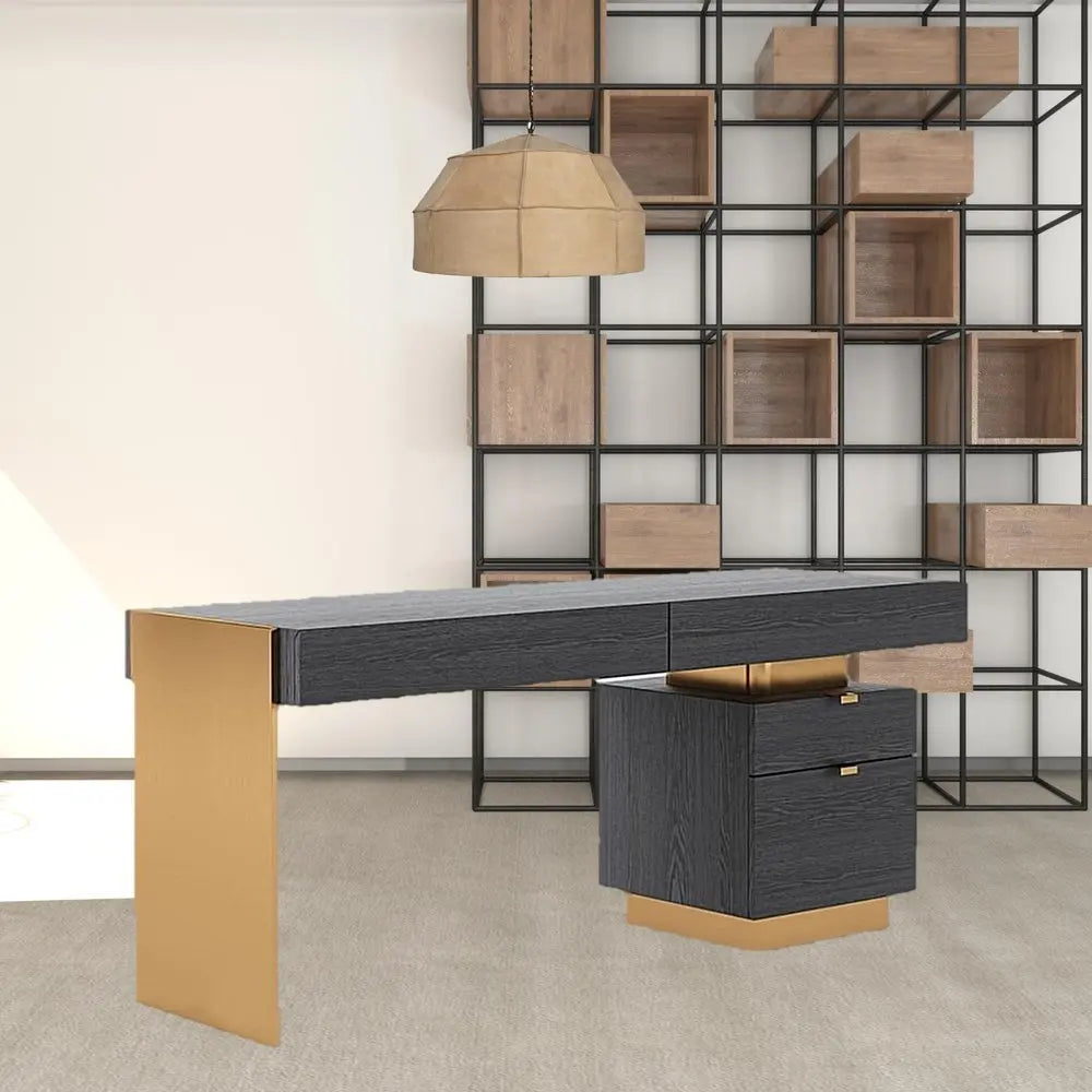 63" Gray and Gold Writing Desk With Four Drawers - NOBLE HOME INTERIORS