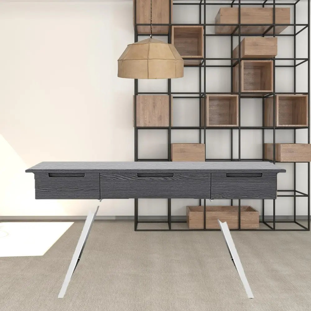 63" Gray and Silver Writing Desk With Three Drawers - NOBLE HOME INTERIORS