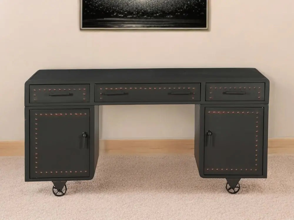 63" Gray Metal Executive Desk With Two Cabinets Three Drawers - NOBLE HOME INTERIORS