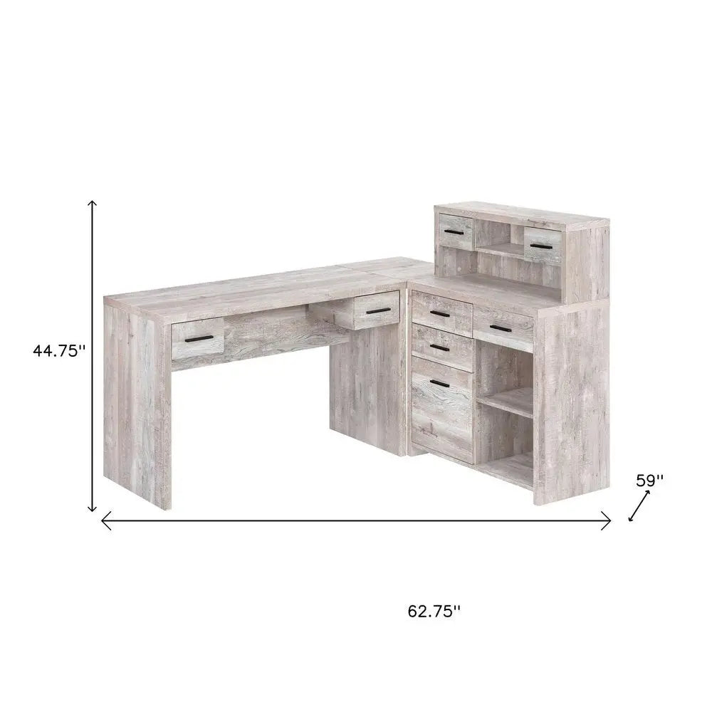 63" Taupe L Shape Computer Desk With Eight Drawers - NOBLE HOME INTERIORS