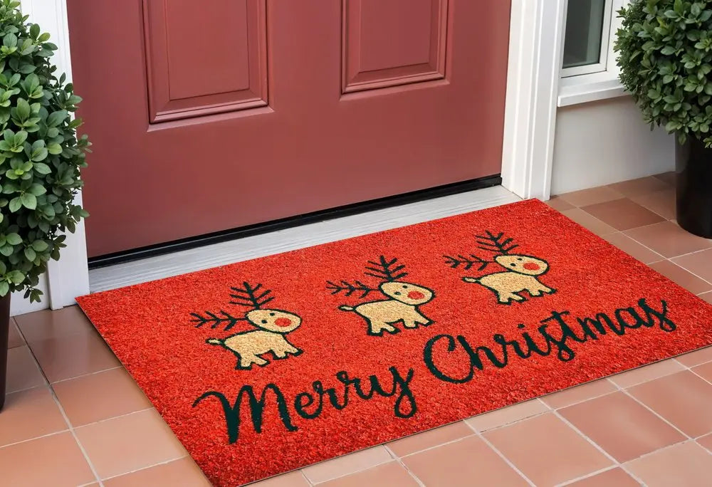 17" X 29" Red And Black Coir Reindeer Outdoor Christmas Door Mat HomeRoots