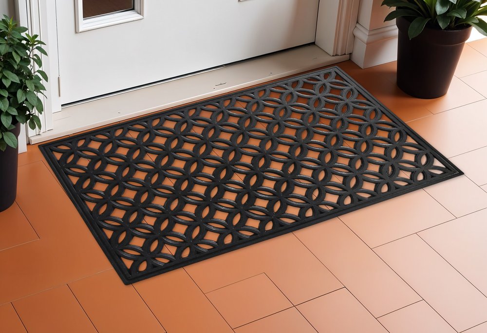18" X 30" Black Geometric Outdoor Rubber And Rubber Door Mat
