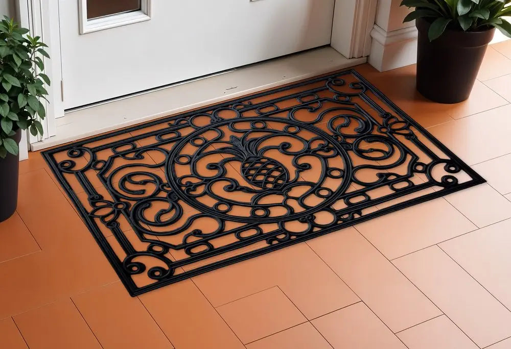 24" X 36" Black Pineapple And Scrollwork Outdoor Rubber Door Mat HomeRoots
