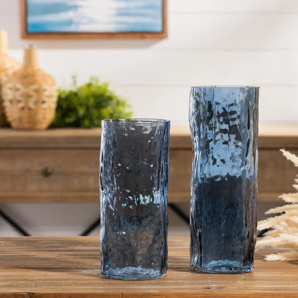 Set of Two Blue Wavy Glass Table Vase HomeRoots