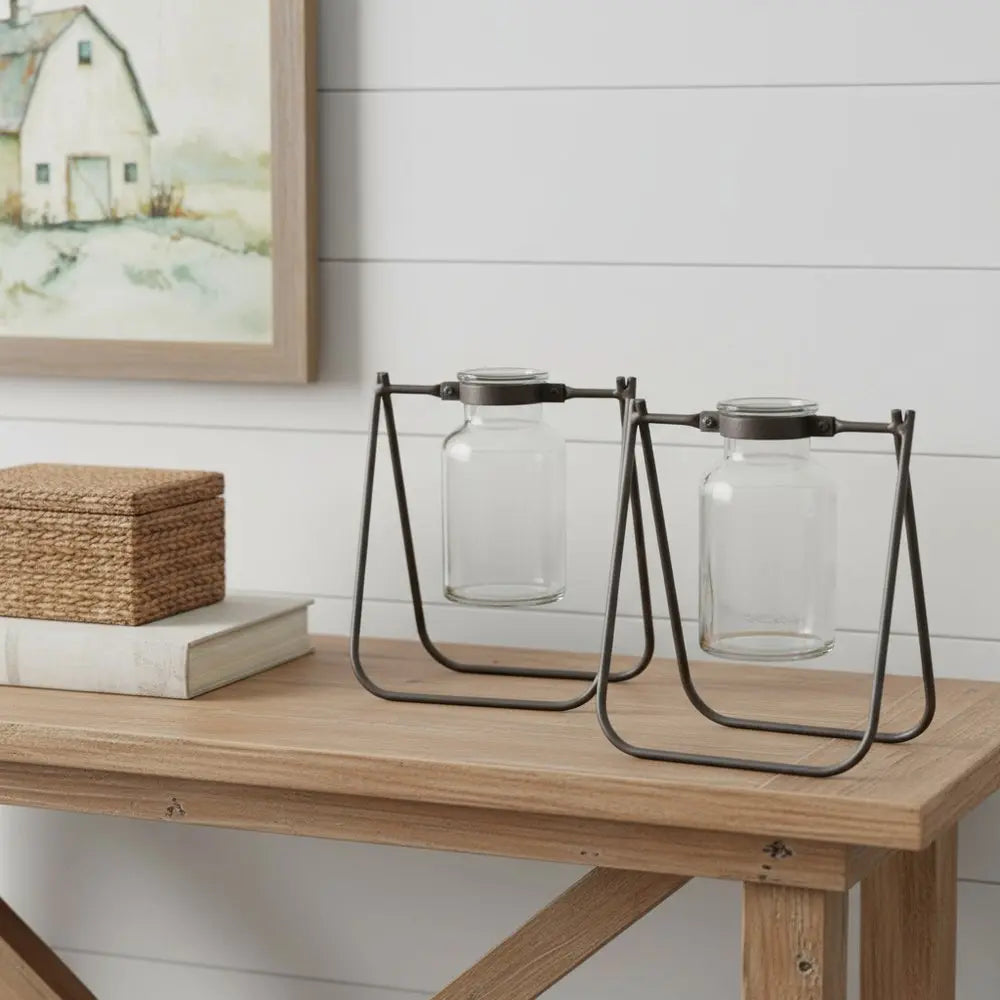 Set of Two Brown And Clear Round Metal Table Vase HomeRoots