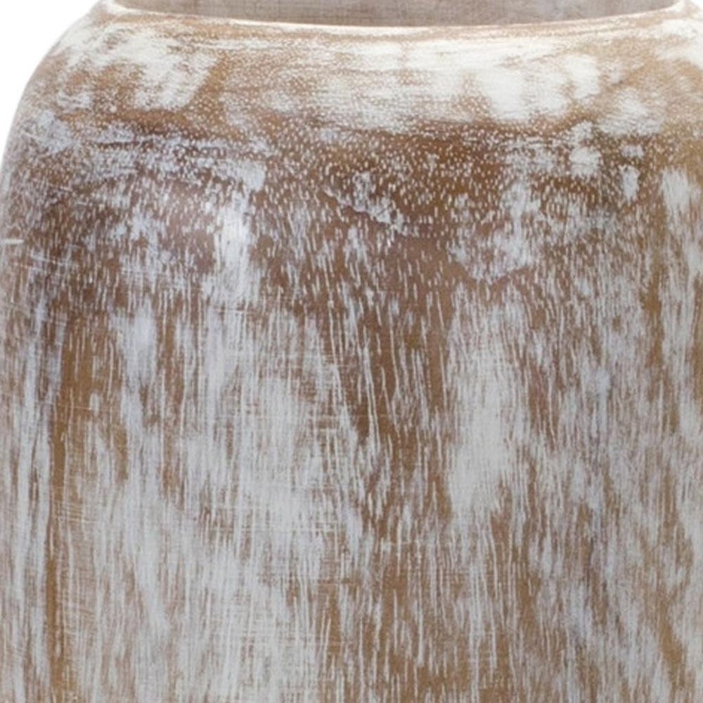 18" White And Brown Round Wood Floor Vase