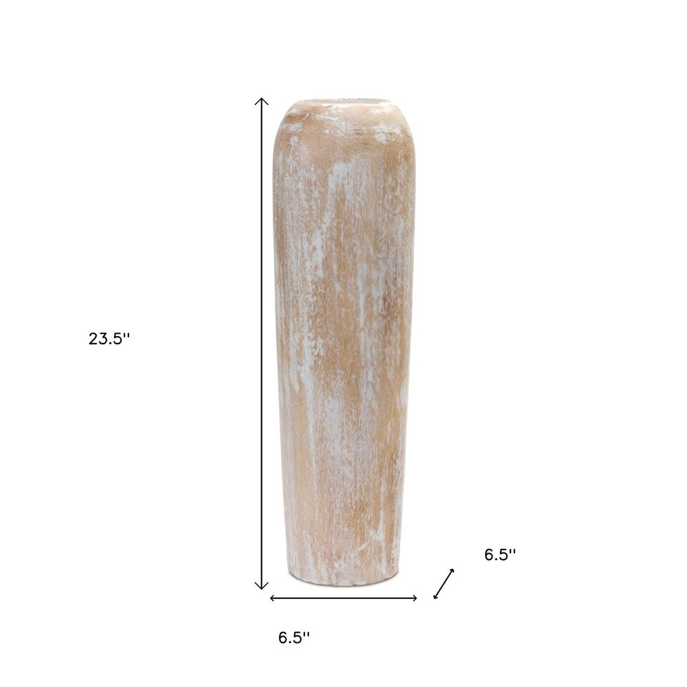 24" Brown And White Round Wood Floor Vase