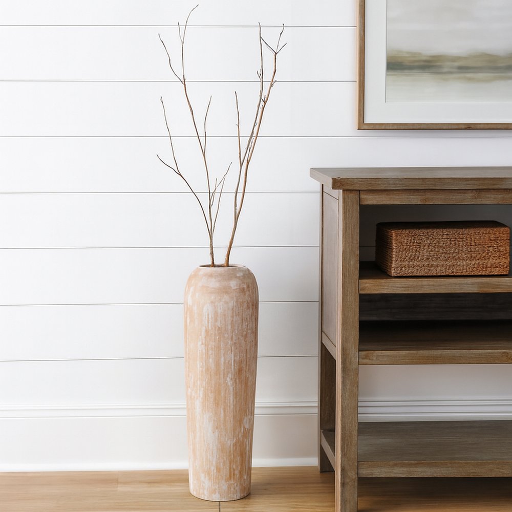 24" Brown And White Round Wood Floor Vase