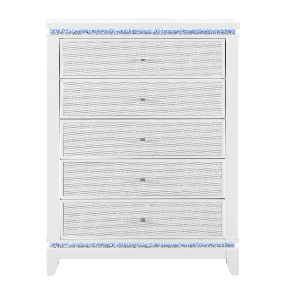 36" White Faux Crystal Glitter Wood Lighted Five Drawer Dresser