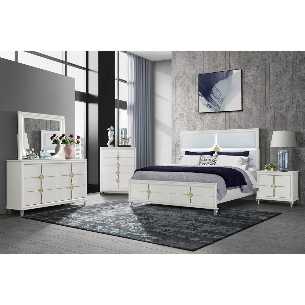37" White Wood With Gold Faux Crystal Bling Wood Five Drawer Dresser