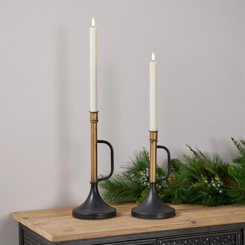 Set of Two Black And Gold Distressed Metal Tabletop Taper Candlesticks HomeRoots