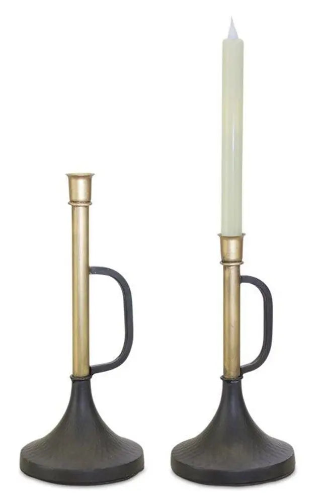 Set of Two Black And Gold Distressed Metal Tabletop Taper Candlesticks HomeRoots