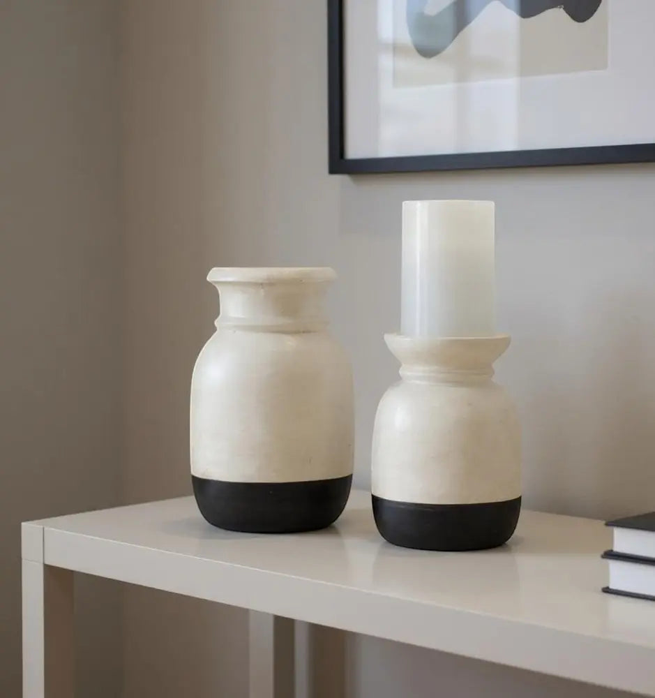 Set of Two Cream And Black Distressed Ceramic Tabletop Pillar Candle Holders HomeRoots