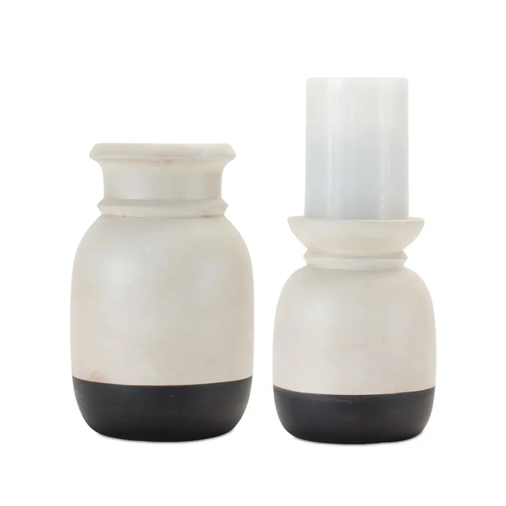 Set of Two Cream And Black Distressed Ceramic Tabletop Pillar Candle Holders HomeRoots