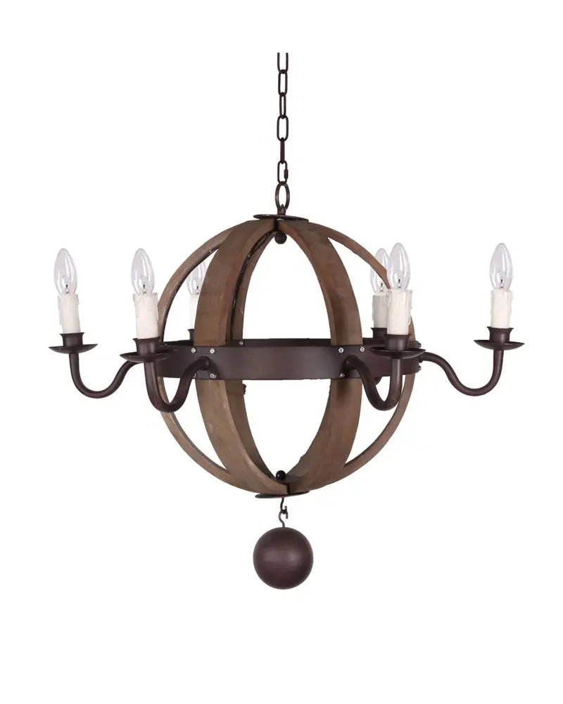 Brown And Black Wood and Metal Sphere Six Light Dimmable Chandelier HomeRoots