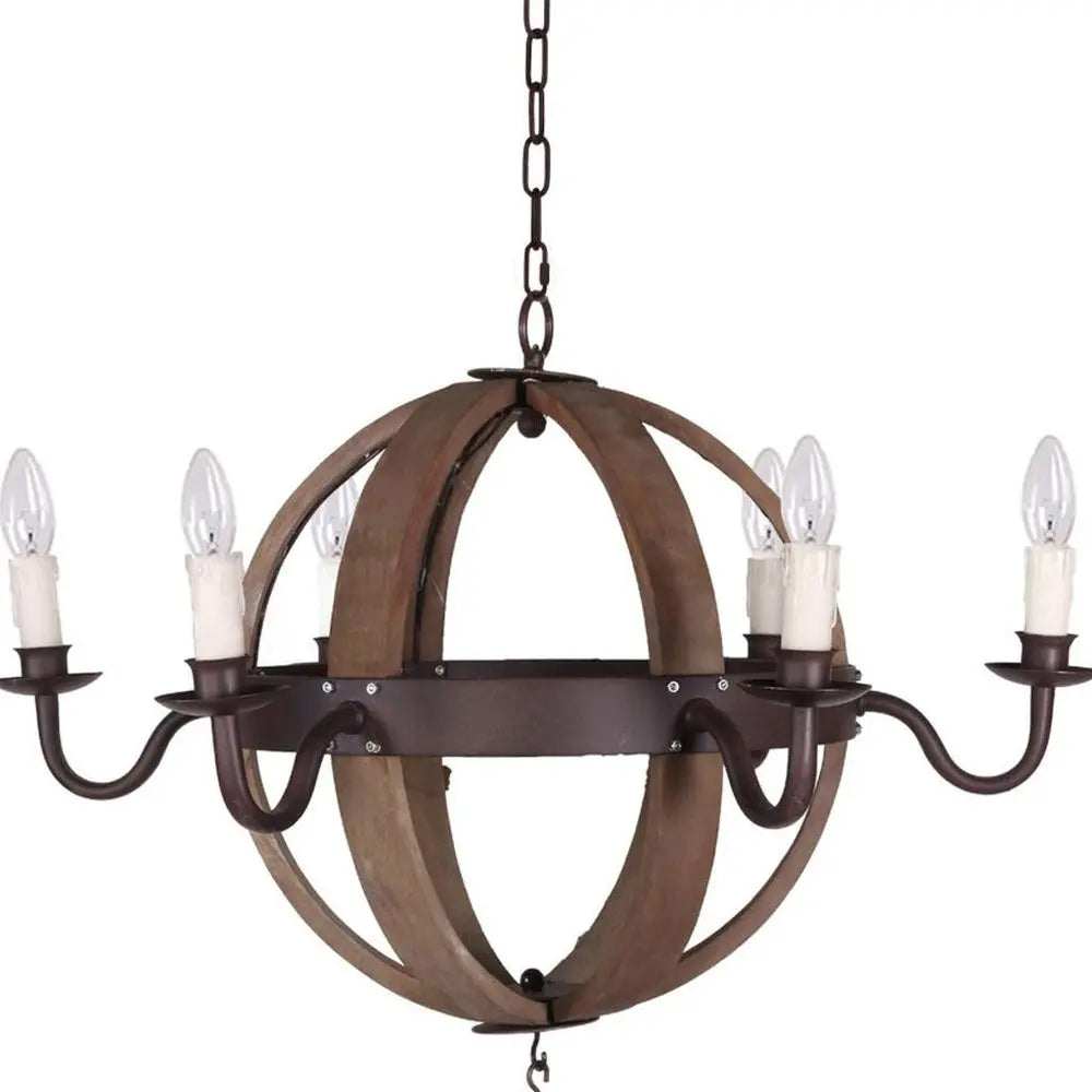 Brown And Black Wood and Metal Sphere Six Light Dimmable Chandelier HomeRoots
