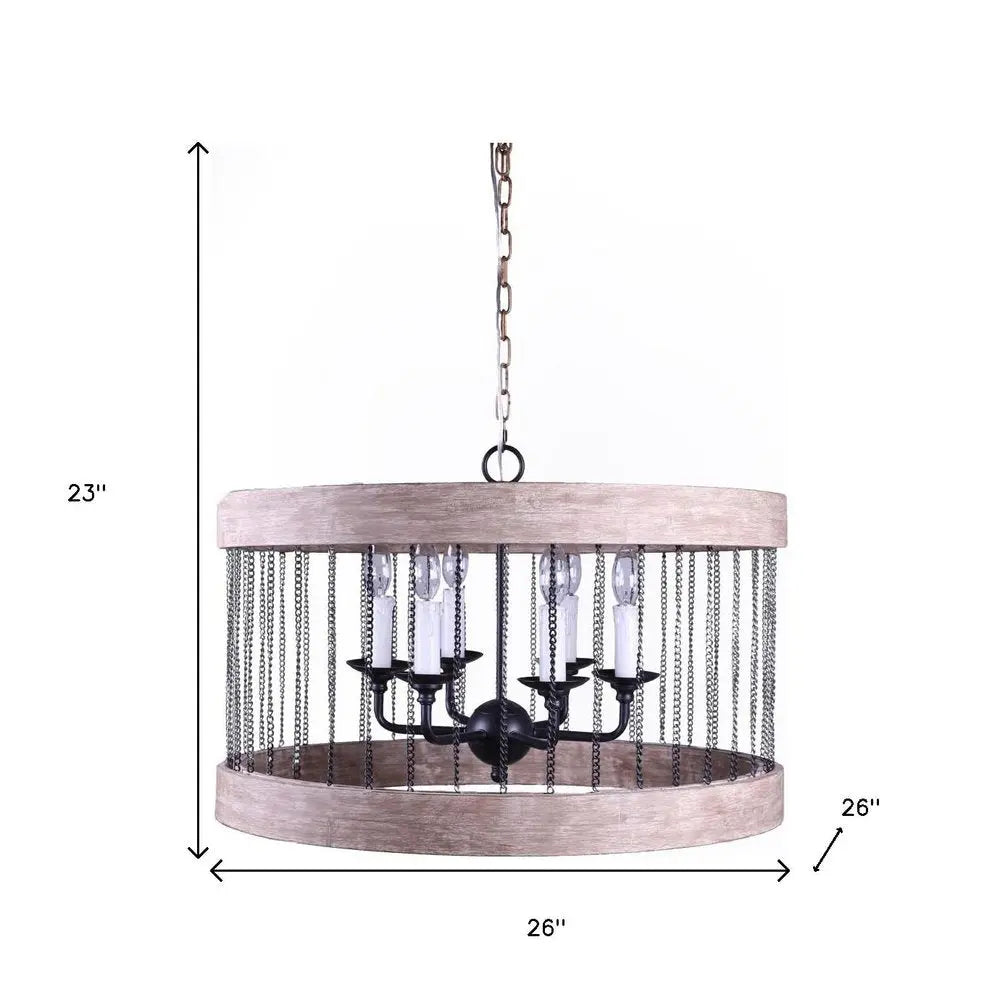 Black And Natural Wood and Metal Cylinder Six Light Dimmable Chandelier HomeRoots
