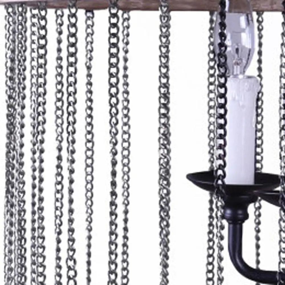 Black And Natural Wood and Metal Cylinder Six Light Dimmable Chandelier HomeRoots