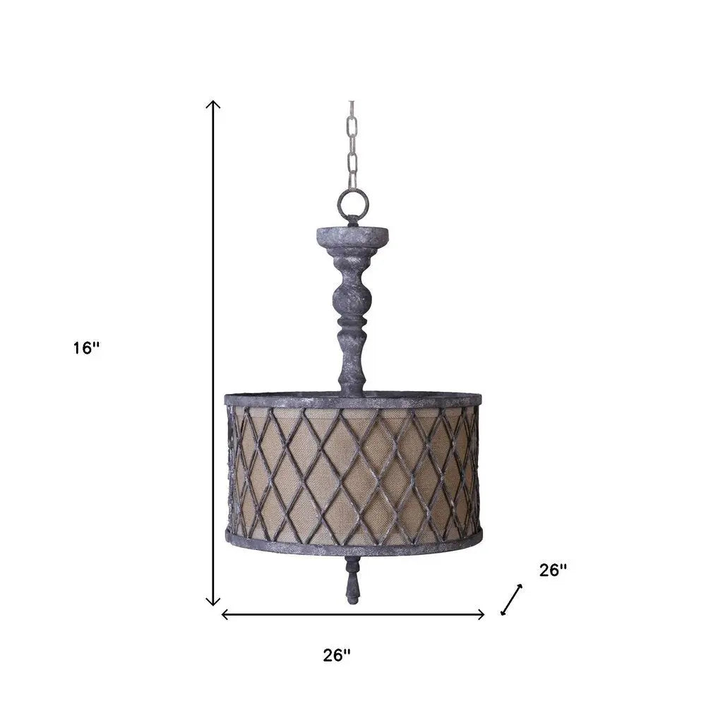 Gray Drum Distressed Galvanized Metal Dimmable Chandelier With Natural Shade HomeRoots