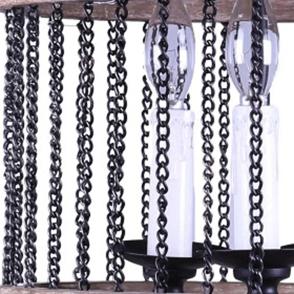 Black And Natural Wood and Metal Cylinder Three Light Dimmable Chandelier HomeRoots