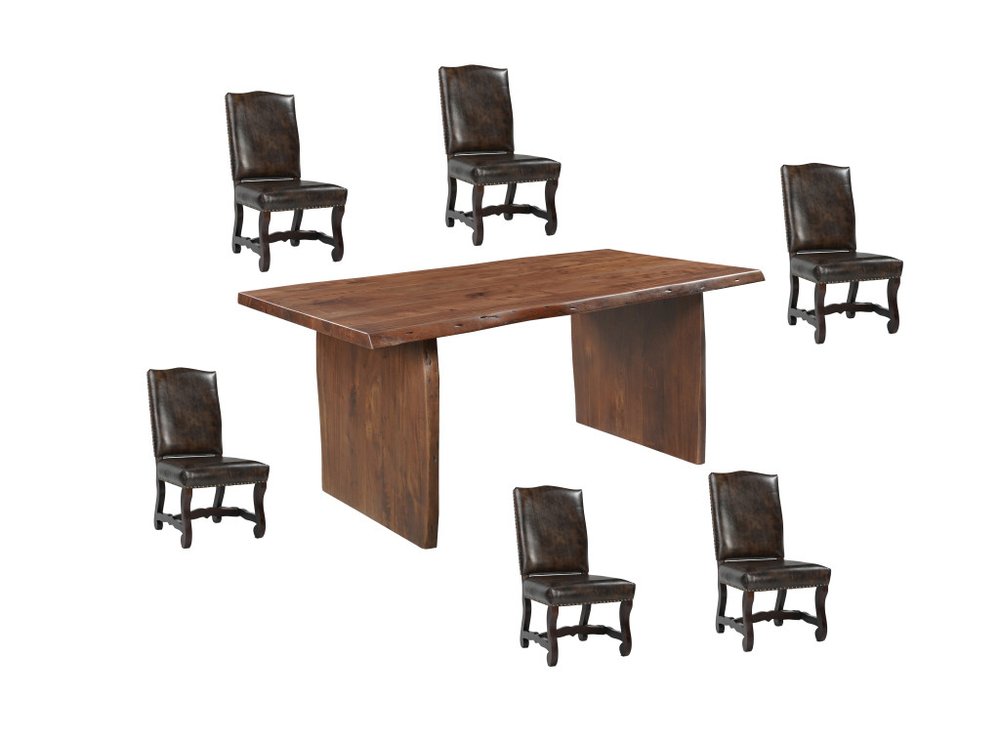 Seven Piece Brown Solid Wood Dining Set with Six Chairs - NOVA HOME FURNITURE