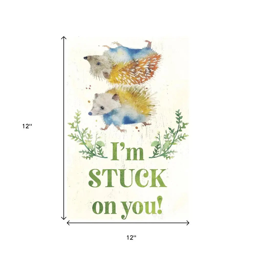 12" X 12" White And Green I'm Stuck On You with Hedgehogs Canvas Wall Decor HomeRoots