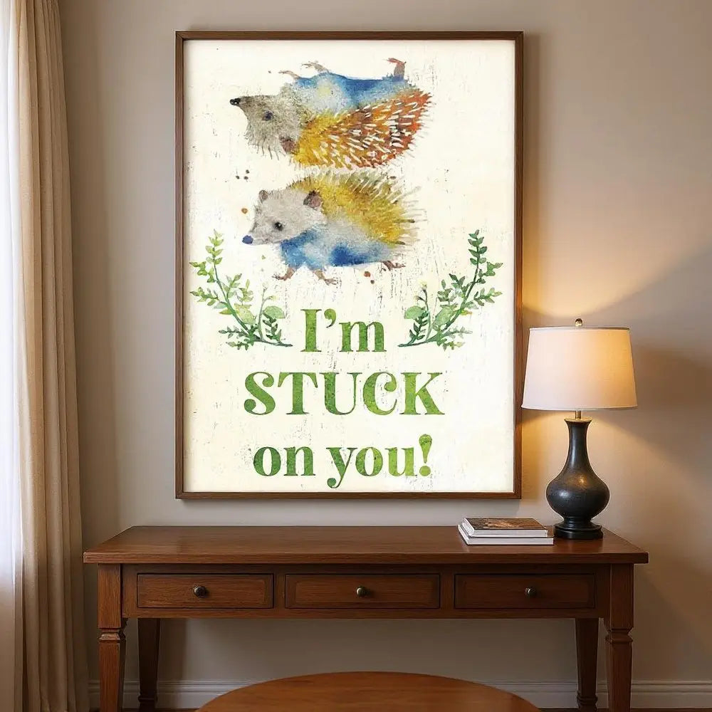 12" X 12" White And Green I'm Stuck On You with Hedgehogs Canvas Wall Decor HomeRoots