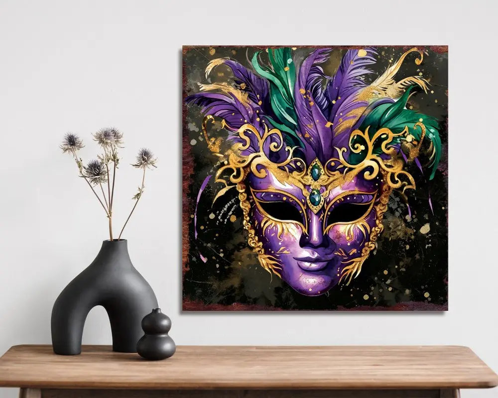 12" X 12" Black Gold And Purple Mardi Gras Canvas Square Hanging Wall Decor HomeRoots