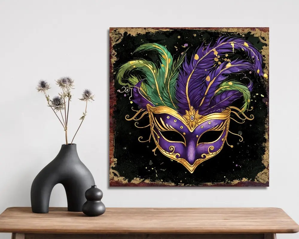 12" X 12" Black Gold And Purple Mardi Gras Canvas Square Hanging Wall Decor HomeRoots