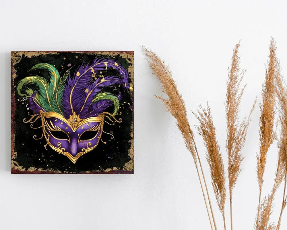 12" X 12" Black Gold And Purple Mardi Gras Canvas Square Hanging Wall Decor HomeRoots
