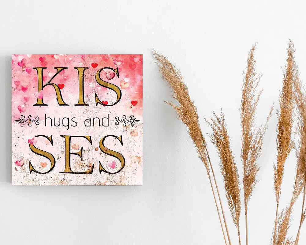 12" X 12" Pink Red And Gold Valentine's Day Hugs and Kisses Canvas Square Wall Decor HomeRoots