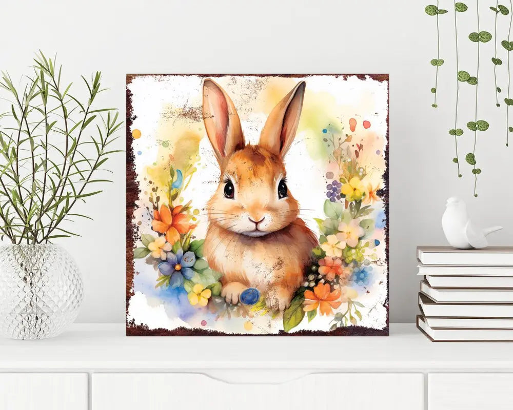 12" X 12" White Yellow And Pink Rabbit Easter Floral Canvas Square Hanging Wall Decor HomeRoots