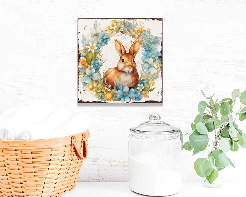 12" X 12" White Yellow And Pink Rabbit Easter Floral Canvas Square Hanging Wall Decor HomeRoots