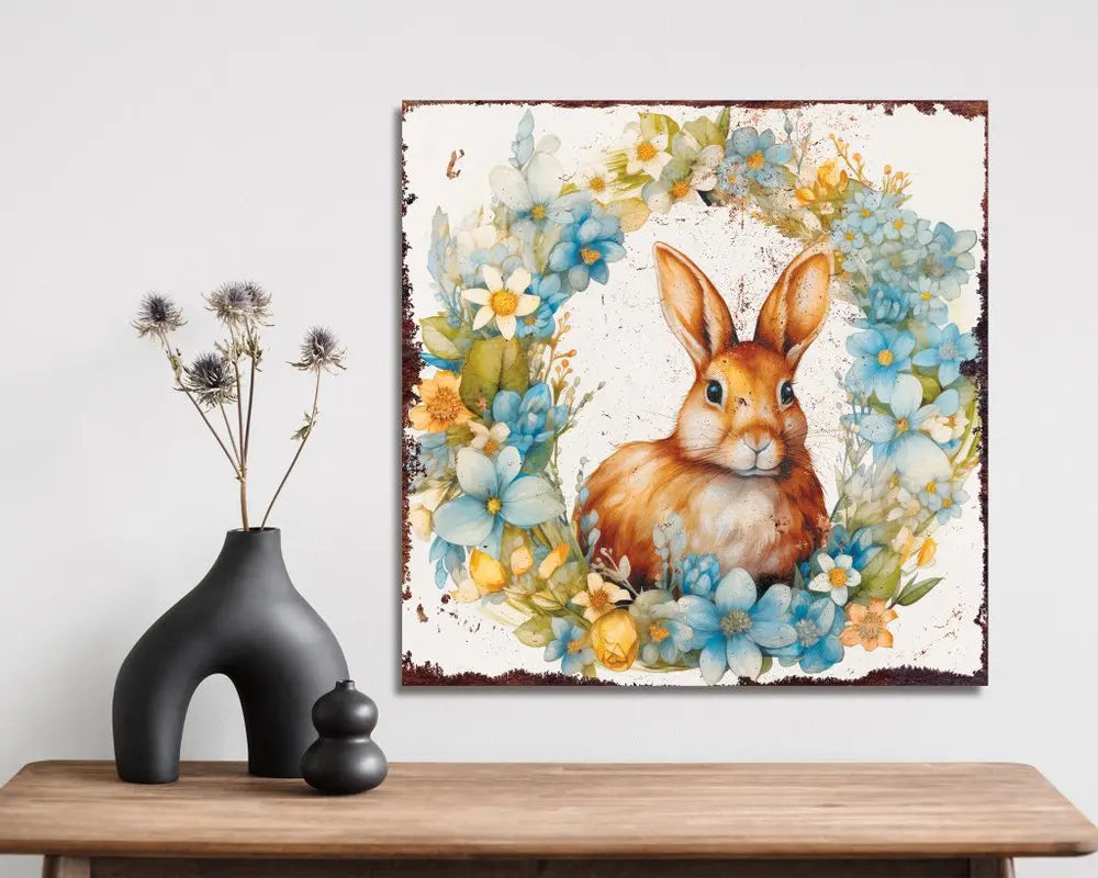 12" X 12" White Yellow And Pink Rabbit Easter Floral Canvas Square Hanging Wall Decor HomeRoots