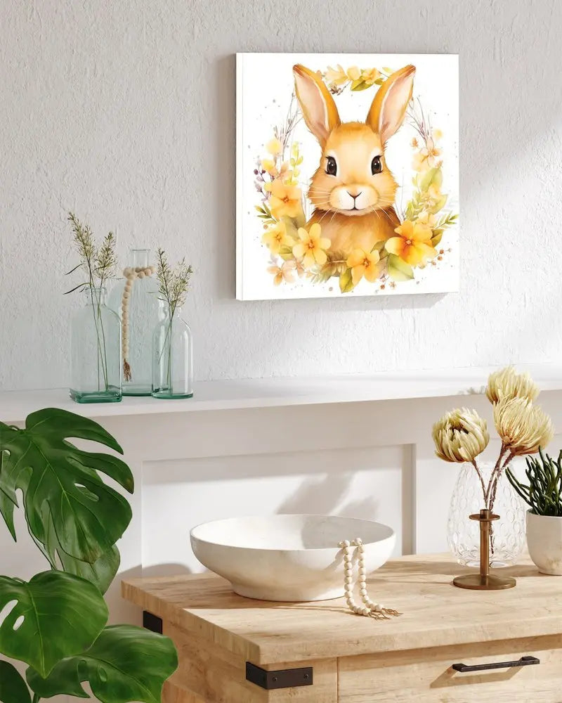 12" X 12" White Yellow And Pink Rabbit Easter Floral Canvas Square Hanging Wall Decor HomeRoots