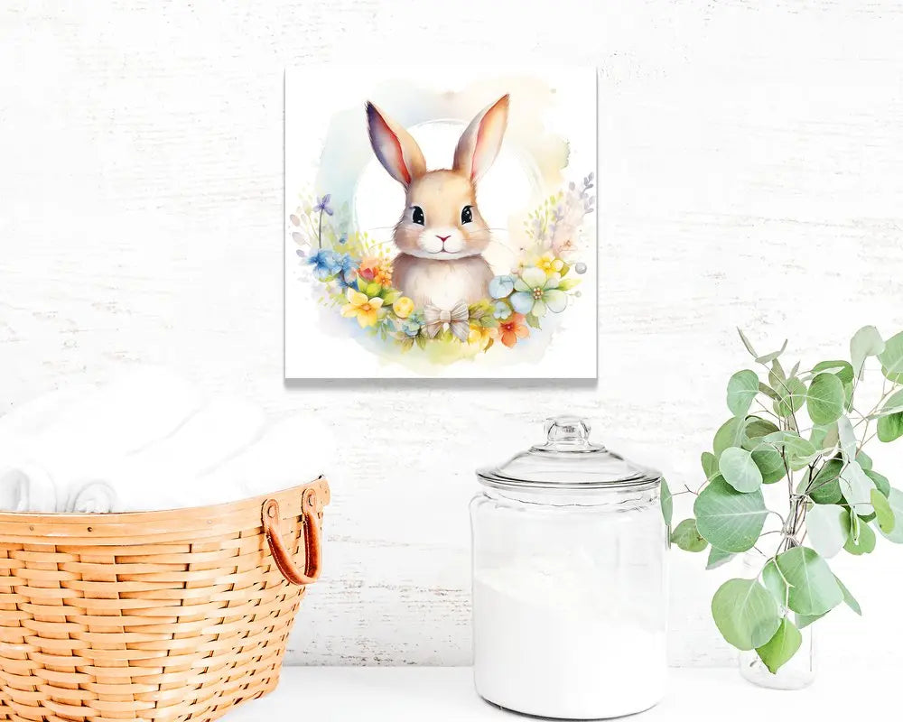 12" X 12" White Yellow And Pink Rabbit Easter Floral Canvas Square Hanging Wall Decor HomeRoots