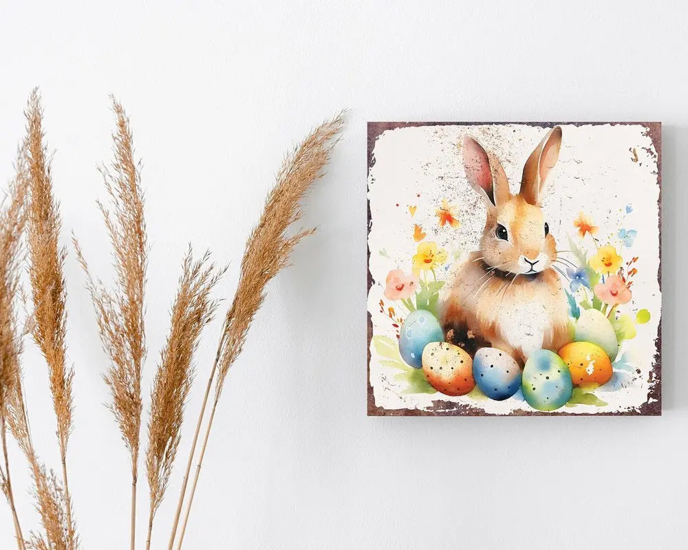 12" X 12" White Yellow And Pink Rabbit Easter Floral Canvas Square Hanging Wall Decor HomeRoots